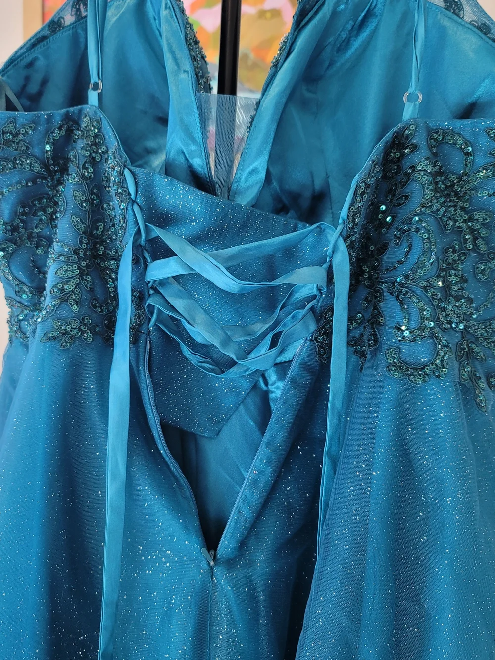 NWOT Teal Sequin Tulle Short Party Prom Cocktail Dress Glitter Size 16 - Picture 6 of 12